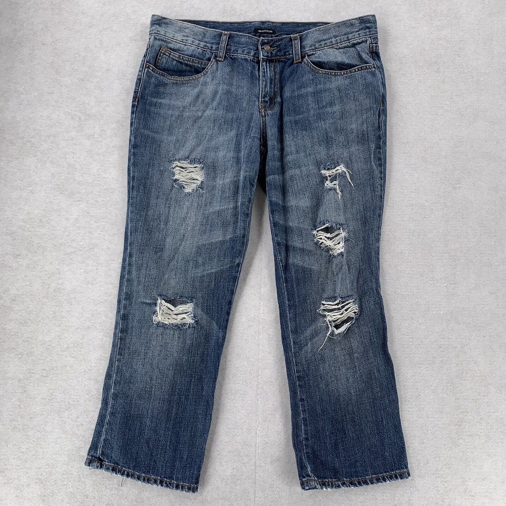 Womens I Love Ronson Medium Wash Bootcut Distressed Cropped Denim Jeans Size 10
